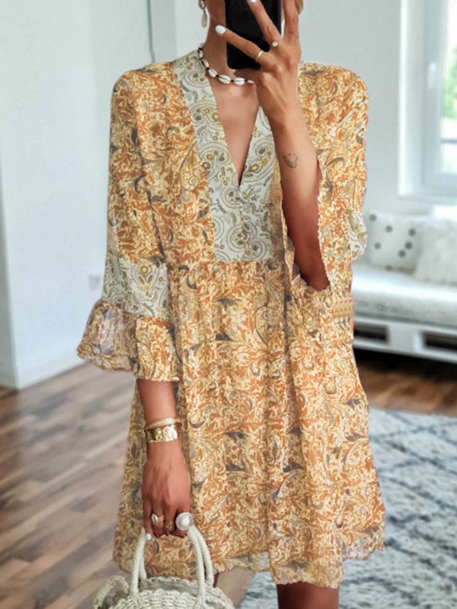 V Neck Women Dresses Date Cotton Smock Dress