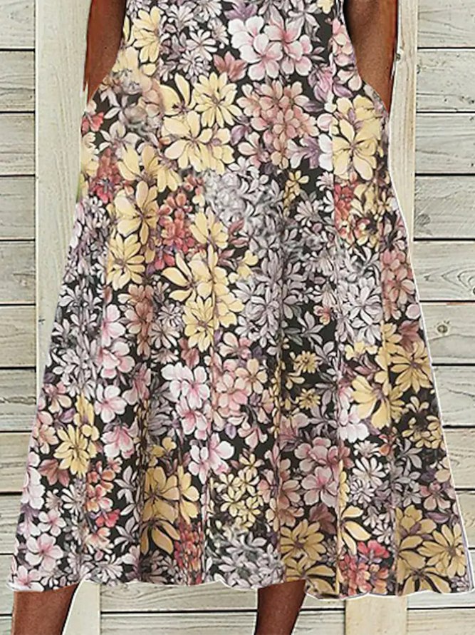 Crew Neck Floral Pockets Vacation Midi Dress