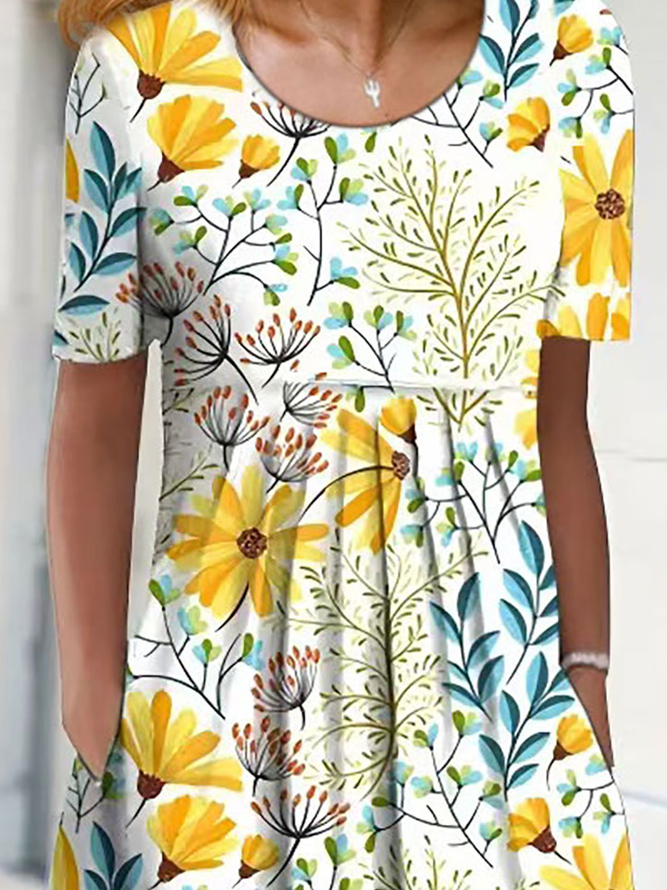 Round Neck Floral Casual Midi Dress