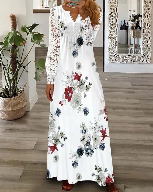 V Neck Floral Lace Sleeve Casual Loose Dress